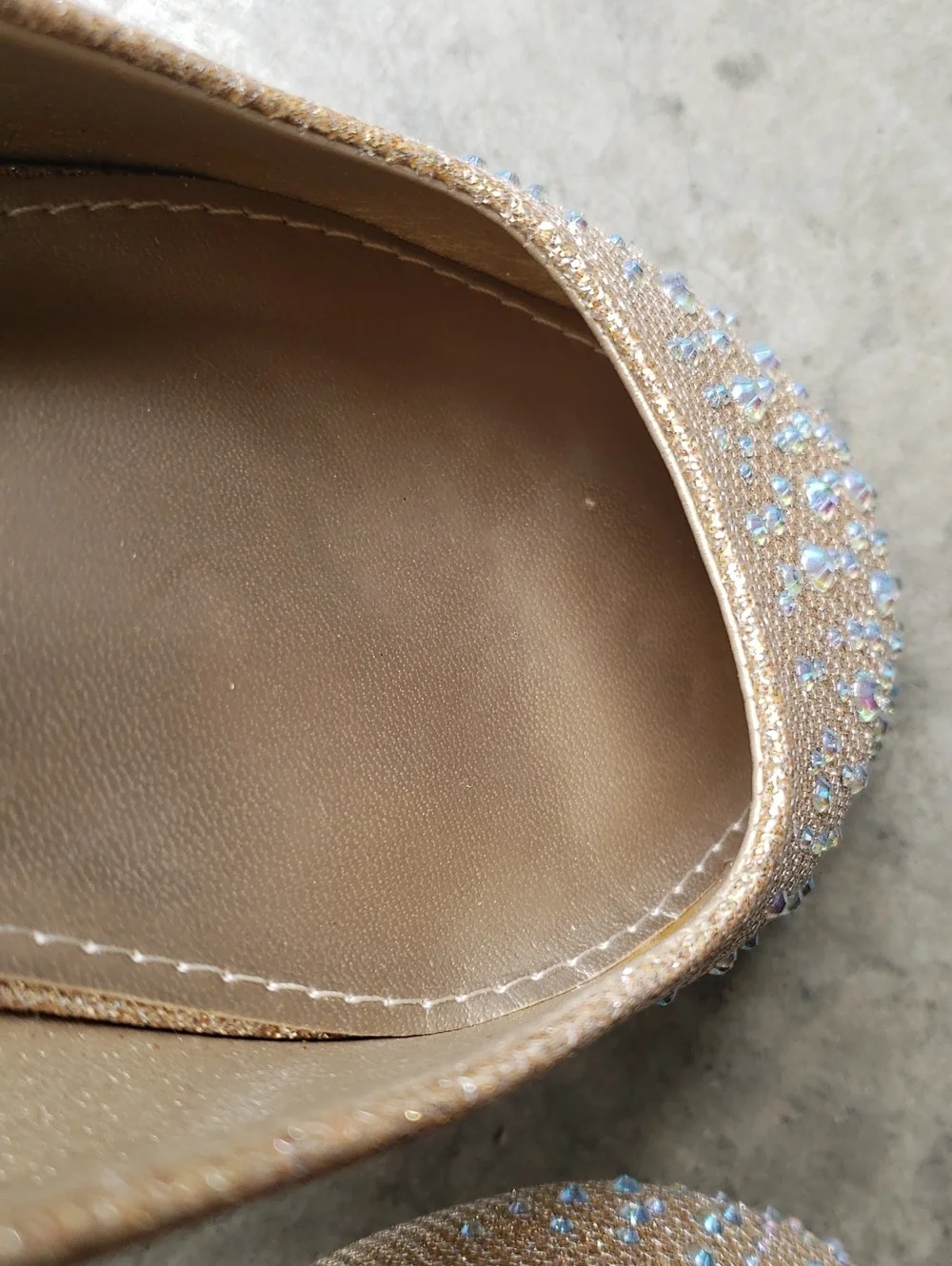 Gold Round Toe Flats with Rhinestones. Women's 6.5